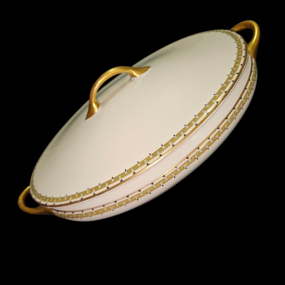 Vintage Cleveland China GHB Co Gold Greek Key Covered Serving Dish 720